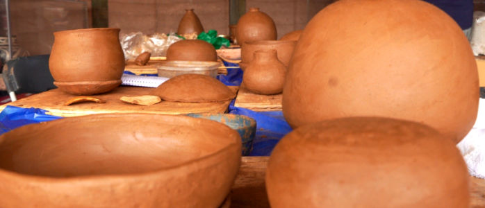 students pottery drying